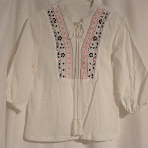 Women's Petite X Small Embroidered 3/4 Sleeve Tassel Tie Dotted Top Cotton Blend